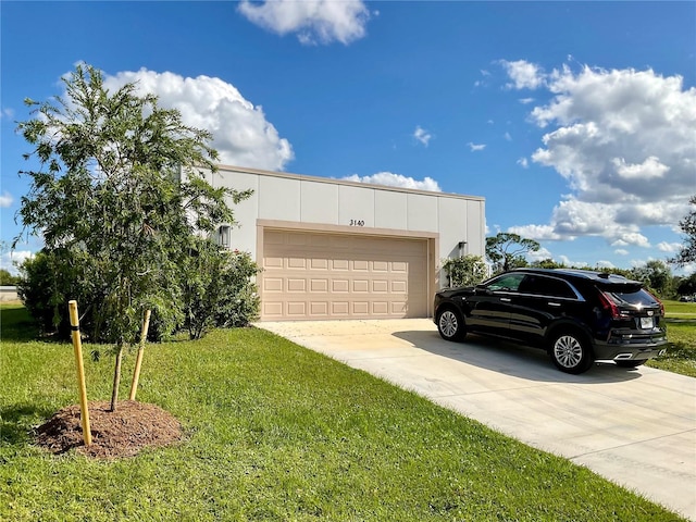 view of property exterior with a garage and a lawn