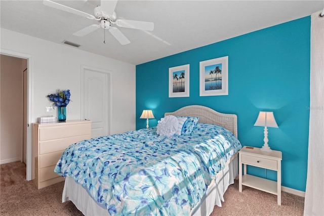 bedroom featuring carpet flooring and ceiling fan