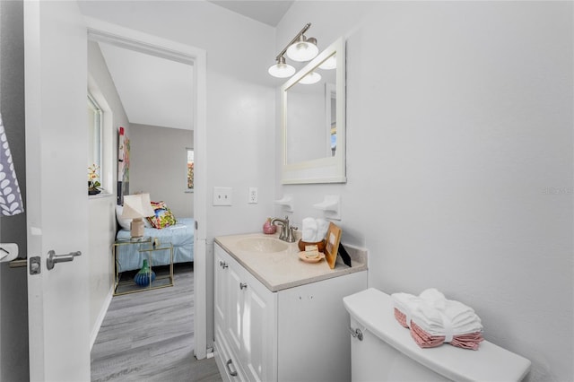 bathroom with toilet, vanity, and wood-type flooring