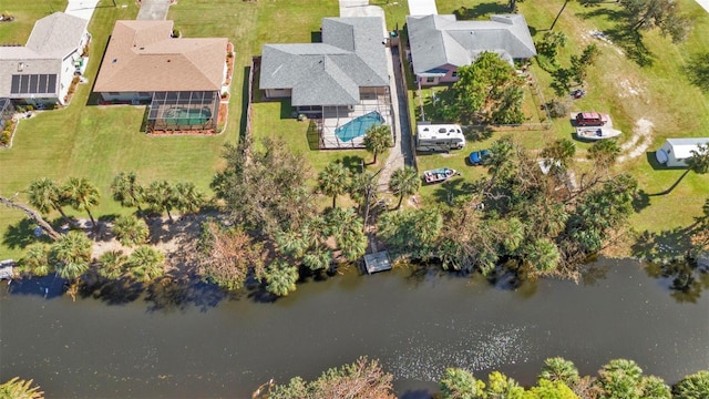 aerial view featuring a water view