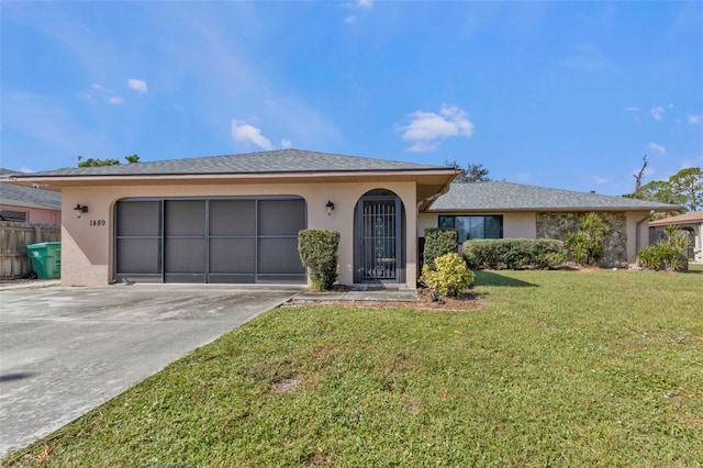 ranch-style house featuring a front lawn and a garage