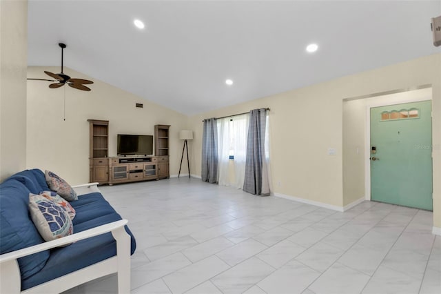 living room with high vaulted ceiling and ceiling fan