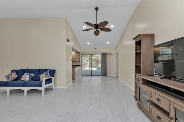 living room featuring high vaulted ceiling and ceiling fan