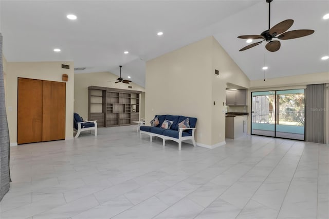 living room featuring high vaulted ceiling and ceiling fan