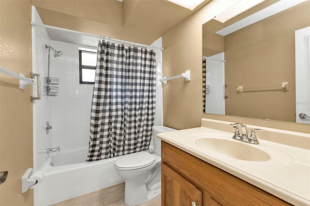 full bathroom featuring vanity, shower / tub combo, toilet, and tile patterned floors