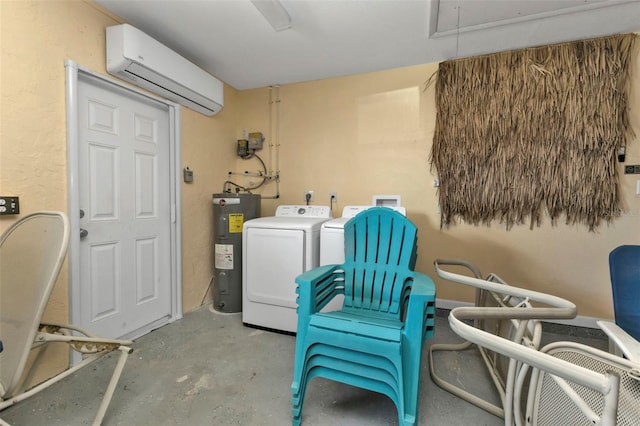 laundry area with independent washer and dryer, water heater, and a wall mounted AC