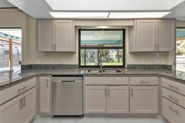 kitchen with dark stone countertops, stainless steel dishwasher, sink, and plenty of natural light