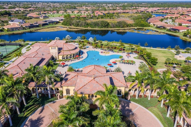 aerial view featuring a water view