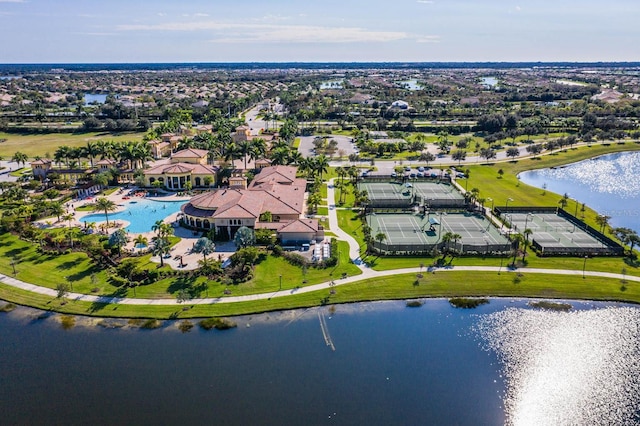 aerial view featuring a water view