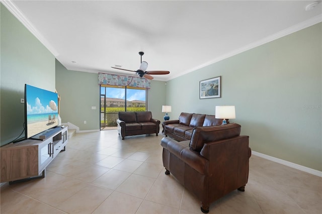 living room with ceiling fan, light tile patterned floors, and crown molding