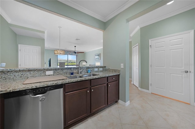 kitchen featuring dishwasher, crown molding, sink, hanging light fixtures, and ceiling fan