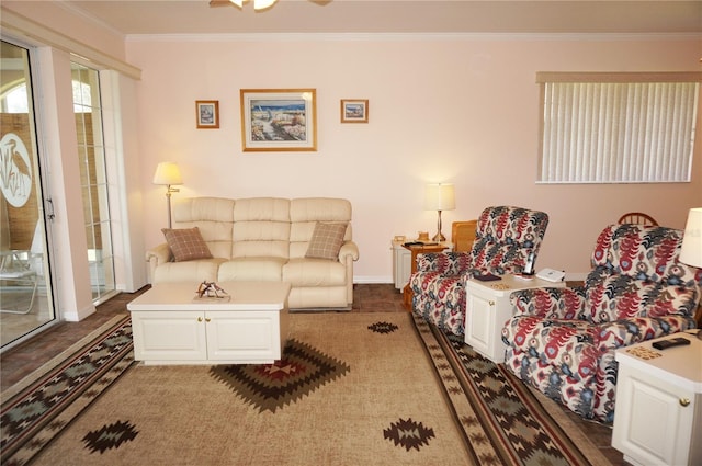 living room featuring crown molding