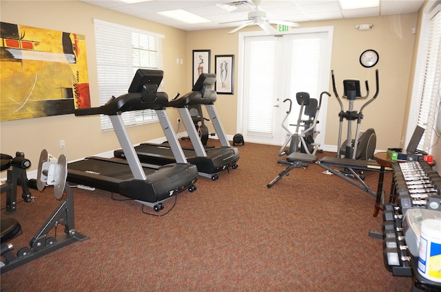 gym featuring a drop ceiling, carpet flooring, and ceiling fan