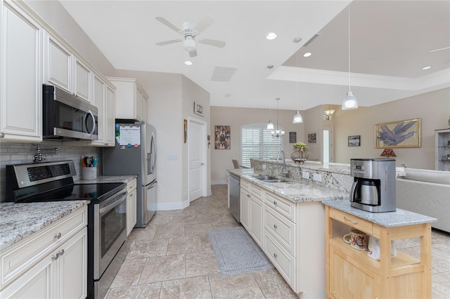 kitchen with tasteful backsplash, appliances with stainless steel finishes, sink, a tray ceiling, and decorative light fixtures