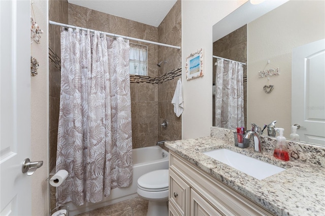 full bathroom featuring vanity, toilet, and shower / bathtub combination with curtain