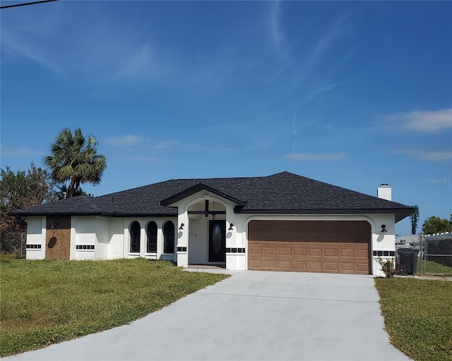 509 Clearview Dr, Port Charlotte, FL 33953 - view of front of property with a garage, stucco siding, driveway, roof with shingles, and a chimney
