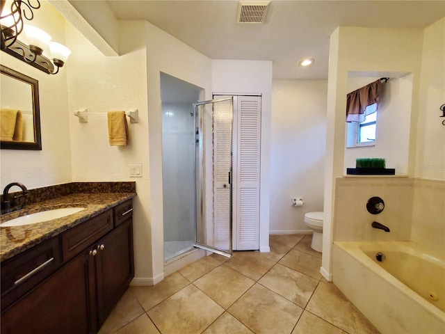 full bathroom with vanity, separate shower and tub, toilet, and tile patterned flooring