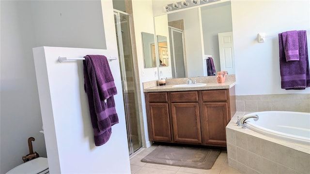 full bathroom featuring vanity, plus walk in shower, toilet, and tile patterned flooring