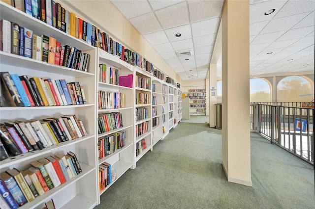 hall with carpet and a drop ceiling