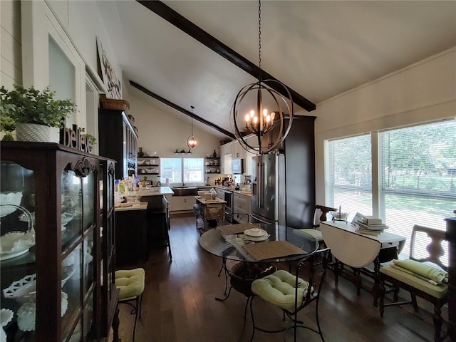 dining room featuring a notable chandelier, dark hardwood / wood-style floors, and high vaulted ceiling