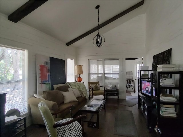 living room featuring high vaulted ceiling, beamed ceiling, and plenty of natural light