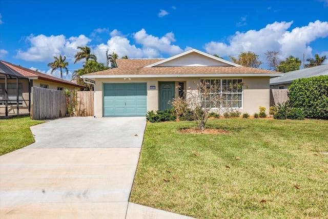 single story home with a front lawn and a garage