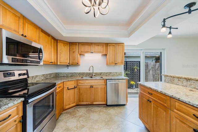 kitchen featuring light stone countertops, sink, a raised ceiling, and stainless steel appliances