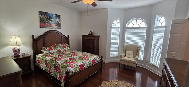 bedroom featuring dark hardwood / wood-style floors and ceiling fan