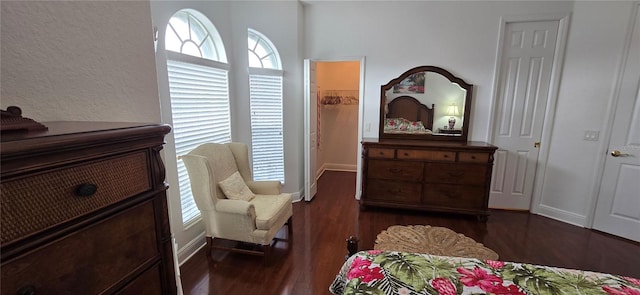 bedroom with a spacious closet and dark wood-type flooring