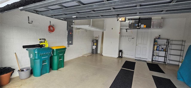 garage with a garage door opener, electric panel, and water heater