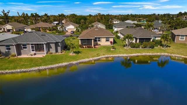 bird's eye view with a water view