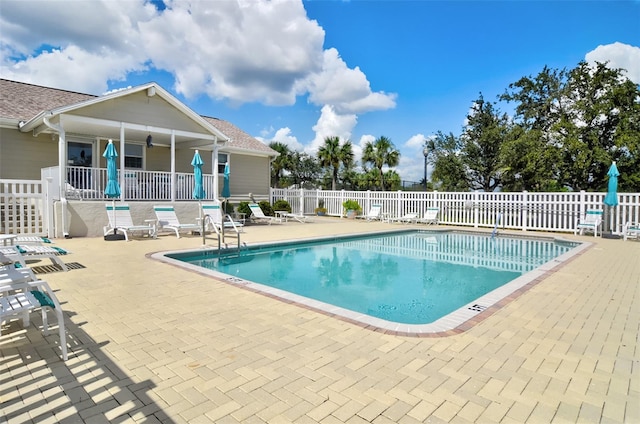 view of pool featuring a patio area and ceiling fan