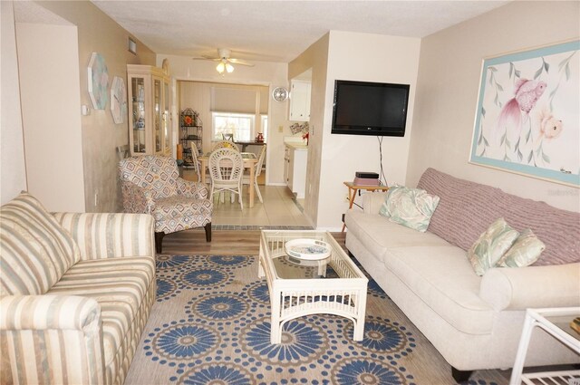 living room with ceiling fan and hardwood / wood-style flooring