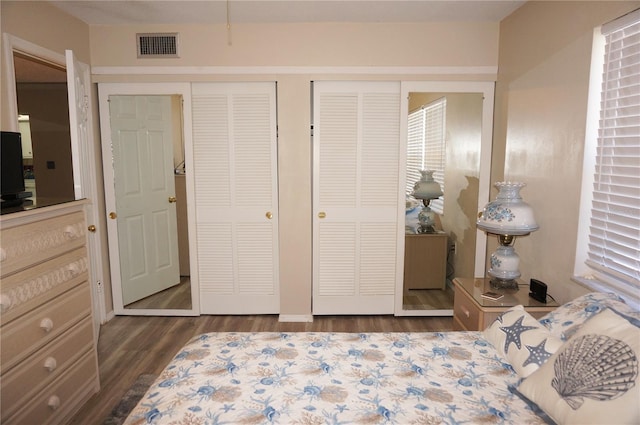 bedroom with multiple closets and dark wood-type flooring