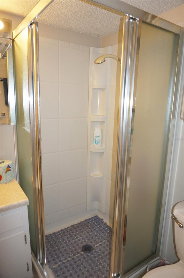 bathroom with toilet, a shower with shower door, and vanity