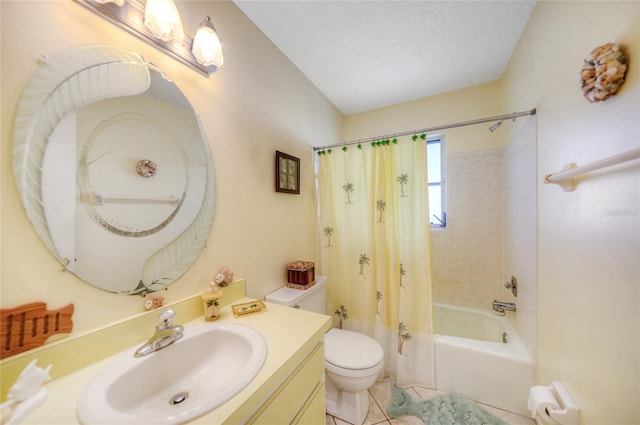 full bathroom featuring toilet, tile patterned flooring, shower / tub combo, vanity, and a textured ceiling