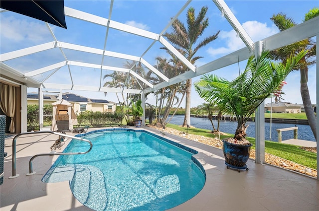 view of swimming pool with a lanai, a water view, and a patio