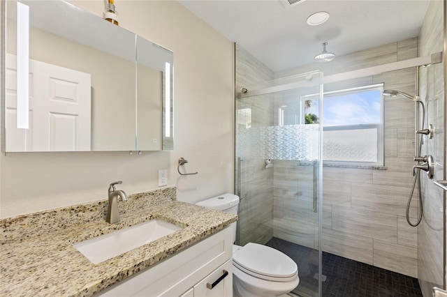 bathroom with vanity, toilet, and walk in shower