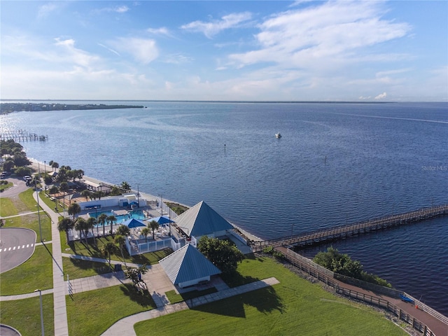 birds eye view of property featuring a water view