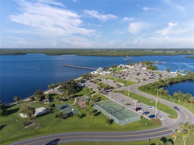 drone / aerial view with a water view