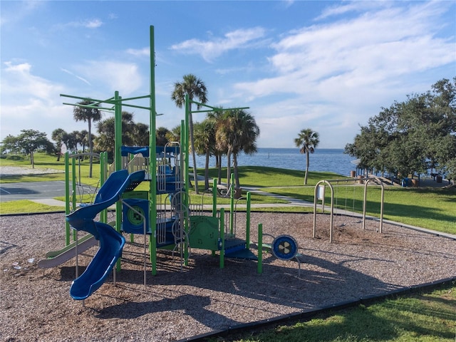 view of play area featuring a water view