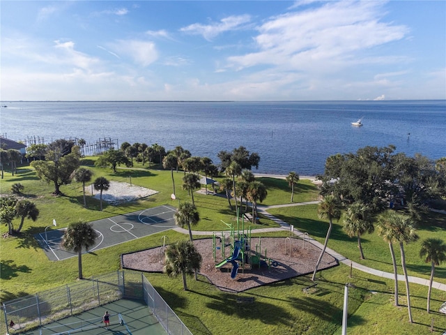 drone / aerial view with a water view