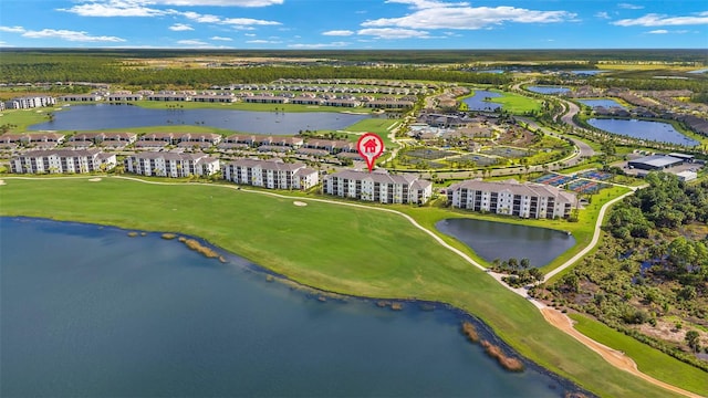 drone / aerial view featuring a water view