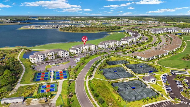 bird's eye view with a water view