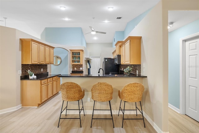 kitchen with ceiling fan, tasteful backsplash, light hardwood / wood-style flooring, kitchen peninsula, and appliances with stainless steel finishes