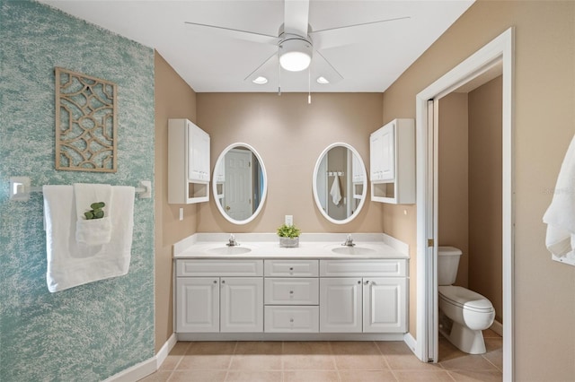 bathroom featuring tile patterned flooring, vanity, ceiling fan, and toilet