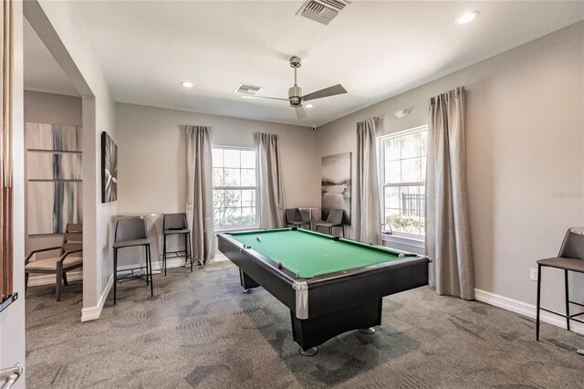 recreation room featuring carpet flooring, billiards, and ceiling fan