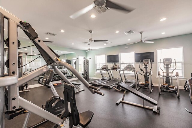 gym featuring ceiling fan