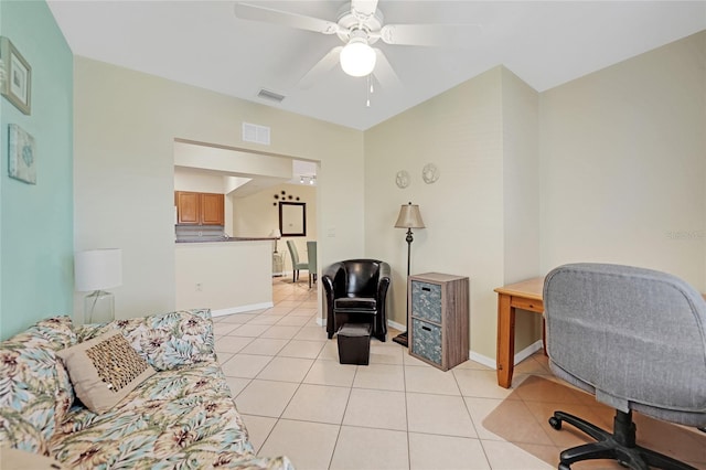 tiled home office with ceiling fan