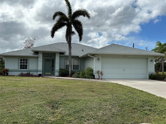 ranch-style house with a front lawn and a garage